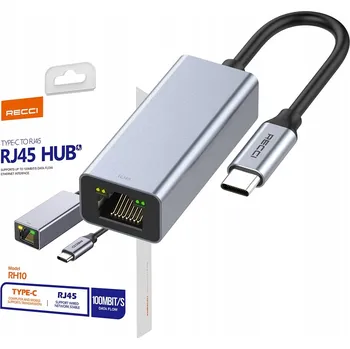 USB hub ADAPTÉR PŘECHODKA HUB USB-C na SÍŤOVOU KARTU RJ45 100MB RECCI