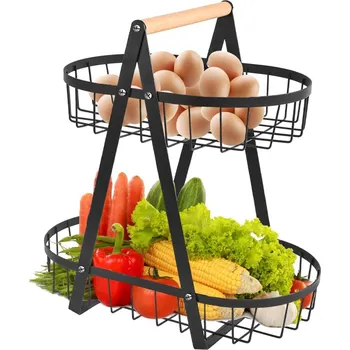 Obraz VELKÝ KOŠÍK NA OVOCE A ZELENINU, 2X POLICE, PATROVÝ STOJAN, KOVOVÝ KOŠ, ČERNÝ