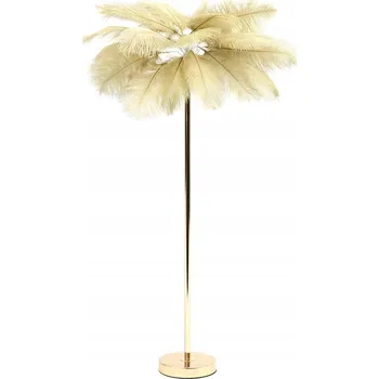 Stojací lampa STOJACÍ LAMPA PEŘÍ 160cm ZLATÁ BÉŽOVÁ KOVOVÁ STÍNIDLO Z PEŘÍ