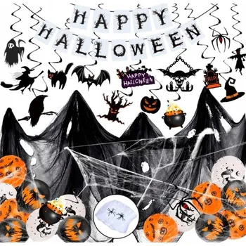 Party dekorace Sada halloweenských dekorací: Girlanda, balónky, pavučina, pavouci, látka
