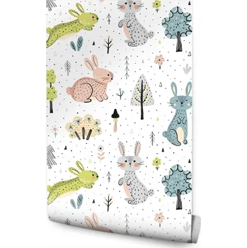 Tapeta Tapeta na zeď pro děti – Zajíčci, stromy, les