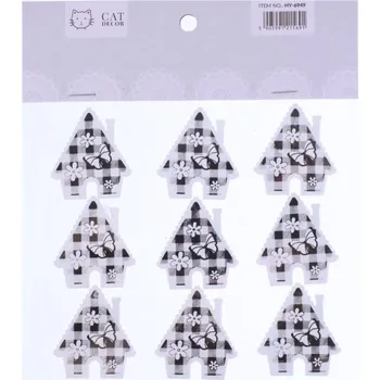 Nálepky Domeček 9ks 4,5cm, dřevo, černobílé káro