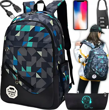 Školní batoh ŠKOLNÍ BATOH MLÁDEŽNICKÁ TAŠKA PRO CHLAPCE USB SVÍTÍCÍ PENÁL