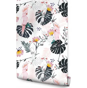 Fototapeta Tapeta Papoušci, tropické listy a květy