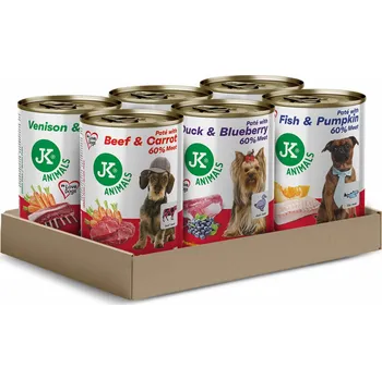 Krmivo pro psa JK ANIMALS Premium Mix konzerv, 60 % Meat, hovězí s mrkví, kachní s borůvkami, ryba s dýní, zvěřina s mrkví, krůtí s jablky 6× 400 g