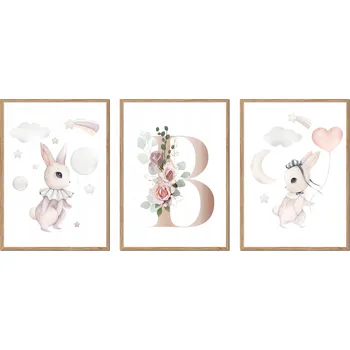 Obraz SADA 3 OBRAZŮ V RÁMU dětské králíčci zajíčci PÍSMENO B P2627_A4