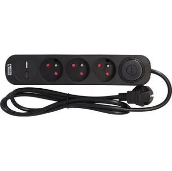 Napájecí kabel FASTER TOOLS prodlužovací kabel černý 3 zásuvky 1,5 m s vypínačem USB-A/USB-C