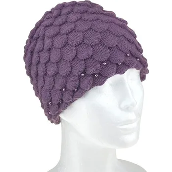 Čepice Dámská pletená čepice extravagantní s kamínky fialová (Čepice zimní dámská)