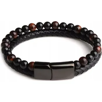 Náramek Černý kožený pánský náramek ocel a korálky