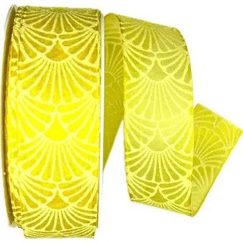 Stuha Stuha taftová ART DÉCO žlutá transparentní A 40mm x 20m A (8,-Kč/m) (Stuha taftová, transparentní, oboustranná, bílý potisk, s vetkaným vlascem v lemu)