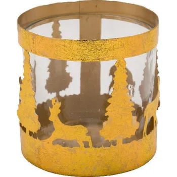 Svícen VZ 2021 Svícen na čajovou svíčku Les, kovový se sklem, zlatá, 10,5x10,5cm (DOPRODEJ)|Ego Dekor