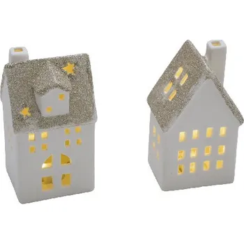 Domek keramický, LED, bílá/zlatá, 7,5x6,5x13, balení obsahuje 2 kusy! (DOPRODEJ)|Ego Dekor