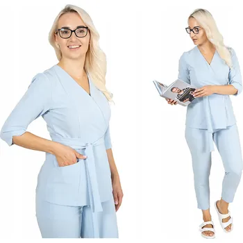 Dámská tunika Elastická zdravotnická tunika s překládaným výstřihem, styl saka, s viskózou, 3/4 rukáv, světle modrá, velikost vel.