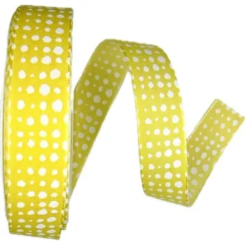 Stuha Jarní stuha YELLOW DOTS bavlněná A 25mm x 20m (6,-Kč/m) (Jarní stuha bavlněná, žlutá, jednostranný potisk, s tenkým vlascem v lemu)