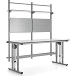 Výškově nastavitelný pracovní stůl MOTION, 400 kg, 2000x800 mm, s panelem na nářadí a policemi