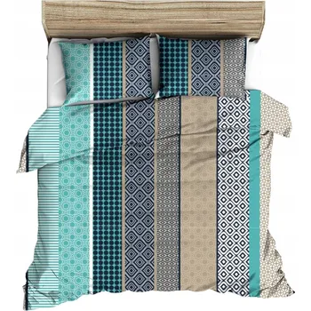 Povlečení Krepové povlečení 180x200 tyrkysové béžové šedé svislé pruhy kosočtverce geometrie