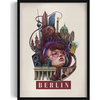 Obraz Stylový obraz v rámu Vintage retro styl Berlín Medvěd Berlínská zeď 50x70 cm