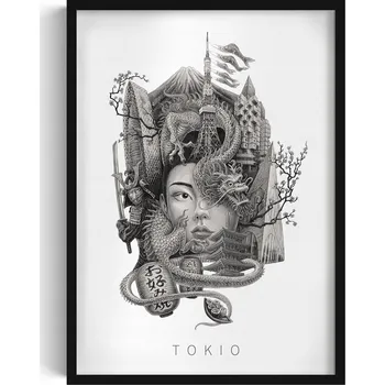 Obraz Dekorativní nástěnný obraz v rámu Černobílý Tokio Drak Višňový květ 50x70 cm