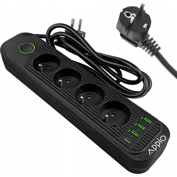 Napájecí kabel Prodlužovací Kabel Appio lištový 2 m 4 zásuvky s uzemněním 3x USB 1x USB C