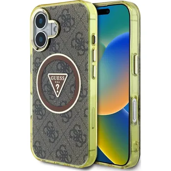 Pouzdro na mobilní telefon Zadní kryt Guess IML 4G Glitter and Triangle Logo MagSafe pro iPhone 16 Brown
