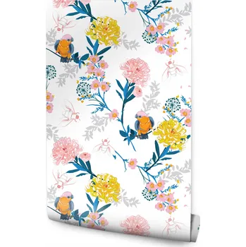 Fototapeta Dekorativní tapeta KVĚTINY Ptáci Hmyz Příroda do obýváku