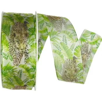 Stuha Stuha taftová LEOPARD transparentní A 40mm x 20m (9,-Kč/m) (Stuha taftová, průsvitná,oboustranná, potisk Leopard, s vetkaným tenkým vlascem v lemu)