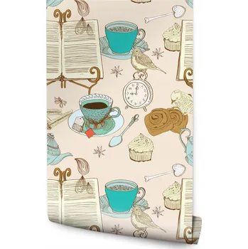 Fototapeta Tapeta čaj ptáci knihy hodinky do jídelny