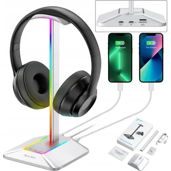 Sluchátka GAMINGOVÝ STOJAN NA SLUCHÁTKA NEW BEE RGB LED USB HUB STŘÍBRNÝ