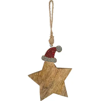 Bytová dekorace Závěs hvězda s červenou čepičkou, 15x13x1cm (DOPRODEJ)|Ego Dekor