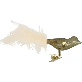 Skleněný ptáček olivově zelený se zlatými puntíky