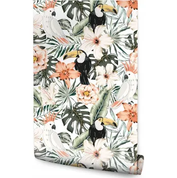 Fototapeta Tapeta Tropické Květiny, Listy a Ptáci/285539548