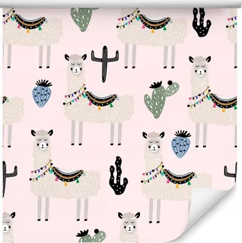 Fototapeta Tapeta s lamami, zvířaty a kaktusy, do dětského pokoje
