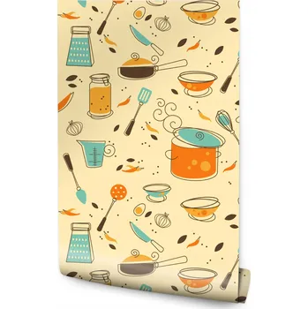 Fototapeta Tapeta hrnce, zelenina, misky, příbory do kuchyně