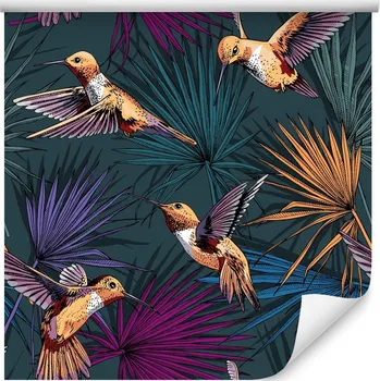 Tapeta Tapeta do obývacího pokoje Barevné listy KOLIBŘÍCI Dekorace