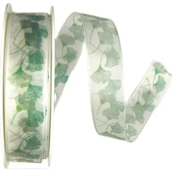 Stuha Stuha organzová GINGKO transparentní A 25mm x 20m (7,-Kč/m) (Stuha organzová, oboustranná, průsvitná, potisk Gingko, s vlascem v lemu)