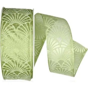 Stuha Stuha taftová ART DÉCO zelená transparentní 40mm x 20m A (8,-Kč/m) (Stuha taftová, transparentní, oboustranná, bílý potisk, s vetkaným vlascem v lemu)