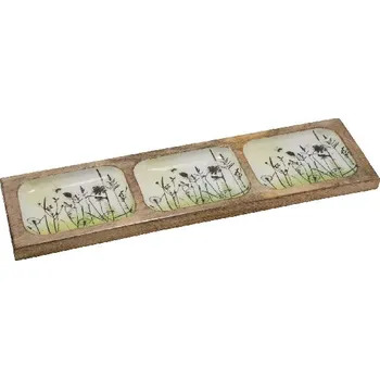 Mísa trojitá TRÁVA, mangové dřevo, zelená/bílá, 38,2x10x1,7cm (DOPRODEJ)|Ego Dekor