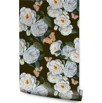 Fototapeta Dekorativní tapeta BÍLÉ RŮŽE, vintage styl, motýli