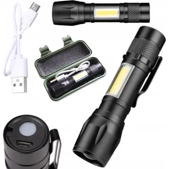 Svítilna Ruční LED svítilna COB XPE se zoomem, taktická, silná, na akumulátor, nabíjení USB-C, v pouzdro