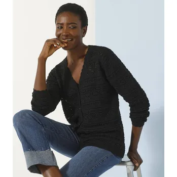 Dámský svetr Blancheporte Ažurový propínací svetr s výstřihem do V černá 46/48
