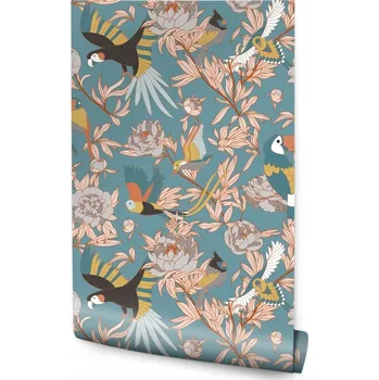Fototapeta Tapeta s květinovým vzorem listy ptáci Příroda do ložnice