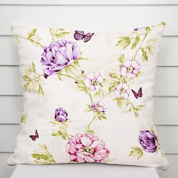 Povlak na polštářek Bavlněný povlak na polštář Sandra SA-532 Fialové květiny s motýlky na světle krémovém 40 x 40 cm