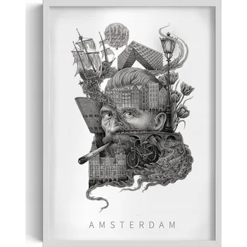 Obraz Dekorativní obraz v rámu do obýváku Černobílý Amsterdam Tulipány Kolo 50x70 cm