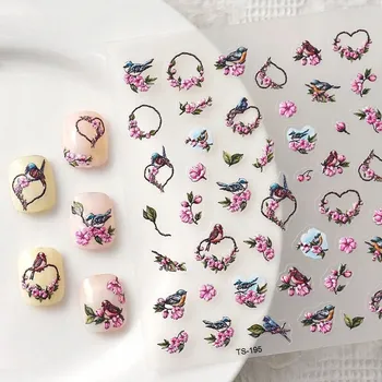 Samolepicí Vypouklé 3D Samolepky na Nehty Vzory PTÁCI RÁMEČEK KVĚTINY