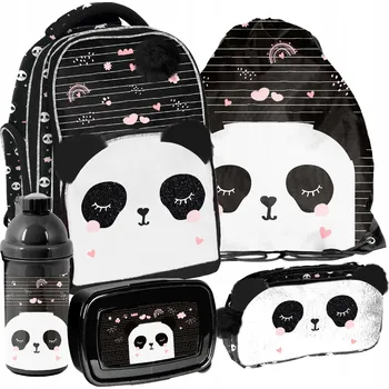 Školní batoh ŠKOLNÍ SADA PASO PANDA BATOH PYTEL PENÁL PLYŠOVÁ LAHEV NA PITÍ SVAČINOVÝ BOX