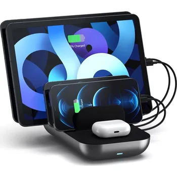 Nabíjecí stanice SATECHI pro Apple zařízení - 1x Qi + 2x USB-C + 2x USB-A - EU kabel - stříbrná / černá
