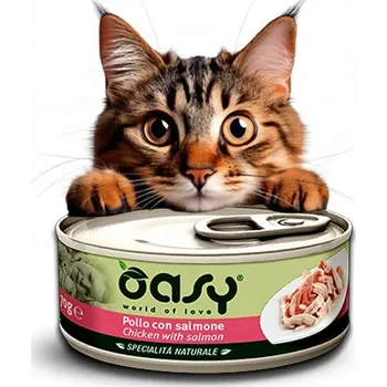 Krmivo pro kočku OASY KOT NATURAL KONZERVA - KUŘE S LOSOSEM 70G
