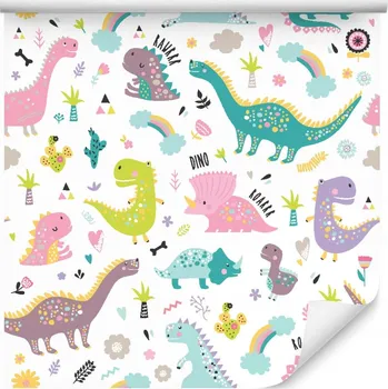 Tapeta Tapeta pro děti, dinosauři, květiny, kaktusy, duha