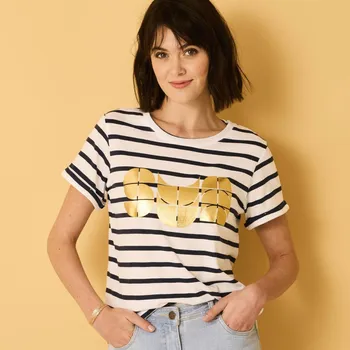 Pánské tričko Blancheporte Pruhované tričko s kulatým výstřihem a krátkými rukávy, potisk Sun bílá/nám.modrá 52