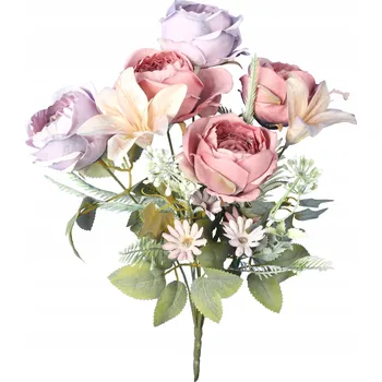 umělá květina Kytice 8 umělých květin mix růže a lilie tmavě růžová